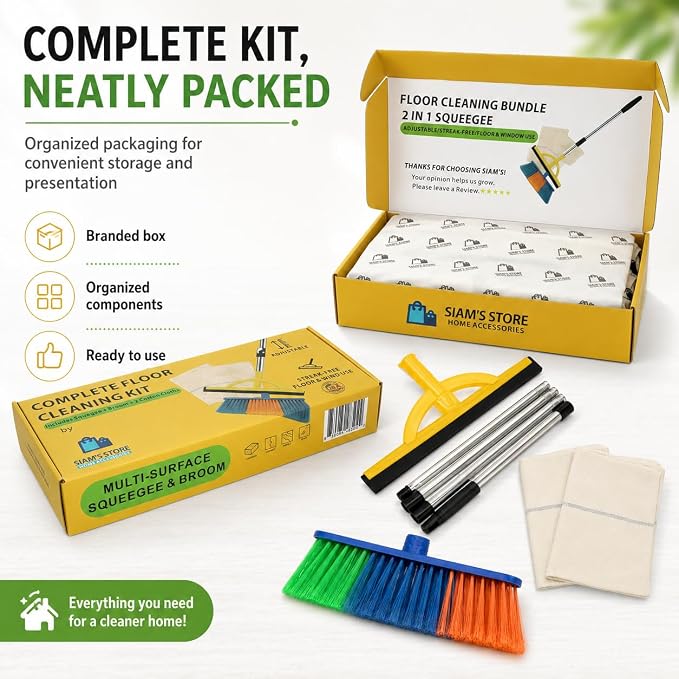 2-in-1 Floor Squeegee & Broom Kit with Telescopic Handle, 17.5 Inch Heavy Duty Water Squeegee for Tile, Concrete, Marble, Garage & Shower, Includes 2 Cotton Cloths
