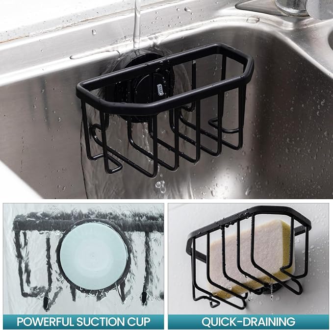 TAILI Sponge Holder for Kitchen Sink with Suction Cup-Black Aluminum | Rustproof Aluminum Sink Caddy for Sponges,Brushes,Stoppers & Scrapers,Removable Ventilated Quick-dry Design, holds Up 11lbs