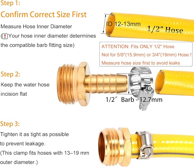 Brass Garden Hose Connector Repair Mender Kit, Fits 1/2" Water Hose Fitting | 1 Set, 1/2" Barb x 3/4" GHT, with Stainless Clamp