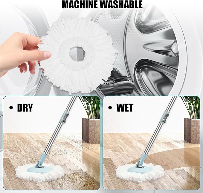Spin Mop and Bucket with Wringer Set, 360° Spinning Mop Bucket System with 3 Microfiber Mop Replacement Heads, Adjustable Handle for Floor Cleaning (Light Blue)