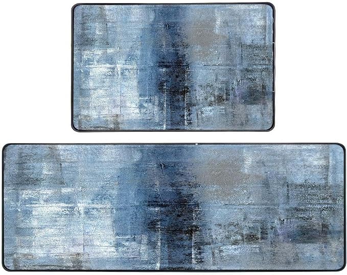 TOMWISH Kitchen Mats for Floor 2 Piece Set Blue Kitchen Runner Rug Non Skid | Cushioned Kitchen Floor Mat Vintage Office Farmhouse Runner Mat for Laundry 18"X48"+18"X30" Kitchen Decor and Accessories