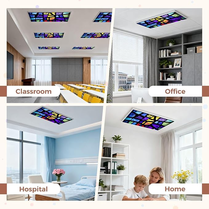 4 Pack Fluorescent Light Covers for Ceiling Lights Stained Glass Window Decorative Magnetic Light Cover Light Filters for Classroom Office Home