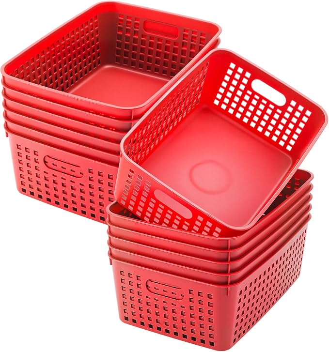 Lineshading 12 Pack Plastic Storage Baskets for Organizing, Red | 13 x 10'' Large Plastic Storage Baskets Bins with Grip Handles, Stackable Mesh for Cabinets, Desktops, Shelves, Home & Office