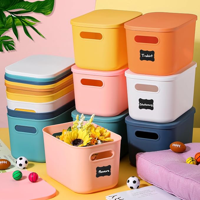 Thyle 12 Pack Classic Colorful Plastic Storage Bins with Lids, Back to School Stackable Storage Container with Handle Label for Organizing Toy Craft for Classroom Shelf Bedroom Office 10 x 7 x 6 Inch