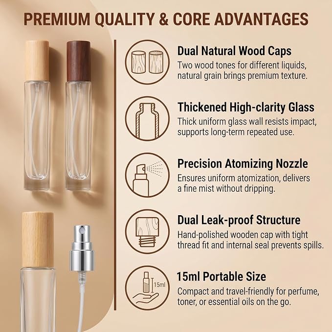 2 Pack 15ml 0.5oz Refillable Glass Spray Perfume Bottles Dispenser with Fine Mist Sprayer & Wooden Lid-Travel & Home Fragrance Containers for Cologne Essential Oils Cosmetic Liquids