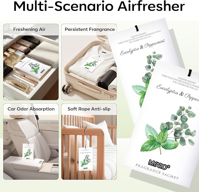 MYARO 12 Pack Eucalyptus Mint Scented Sachets, Closet Deodorizer Freshener | Long-Lasting Sachet Bag, Odor Eliminator for Closet, Drawer, Bathroom, Clothes, Fabric Refresher, Home Fragrance Gift Set