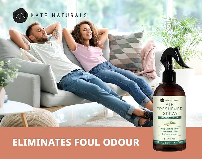 Kate Naturals Lemongrass Air Freshener Spray for Home, 8 fl oz | Pet Safe, Non-Toxic, Essential Oil Odor Eliminator Room Freshener Spray for Pillows, Bedding, Linen