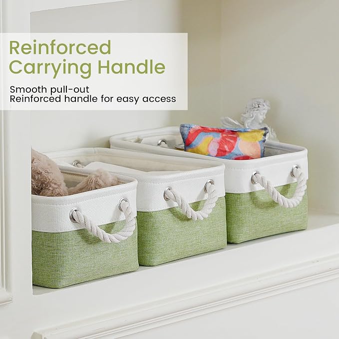 11.8x7.9x5.2 Inch Fabric Small Storage Bins with Handles 1 Pack | Foldable Storage Basket, Sturdy Metal Strand, Cardboard Support Molding, Small Baskets for Organizing, Shelves, White/Green