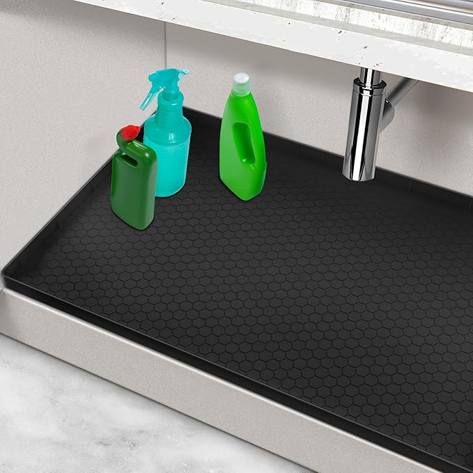 Waterproof Under Sink Mat, 28" x 19" Silicone Under Sink Mats for Kitchen, Under Kitchen Sink Mats and Protector Mat, Sink Cabinet Protector Mats for Bathroom, Black