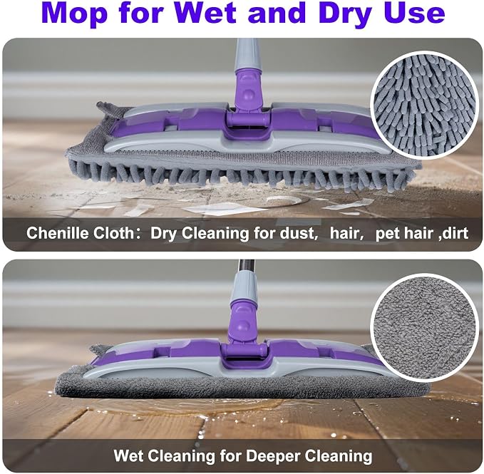 Microfiber Mops for Floor Cleaning ,Wet Dry Flat Mop with Stainless Steel Telescopic Handle,4 Reusable Mop Pads , Dust Mop for Hardwood Floors ,Home,Laminate,Tile,Hardwoods Cleaning (Purple)