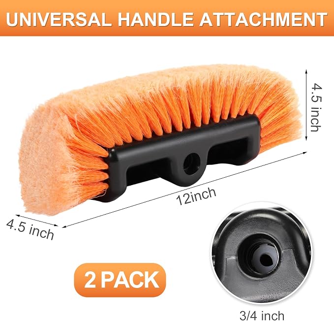 Tanlade 2 Pcs Car Wash Brush Heads Soft Bristle Flow Thru,12 Inch,Orange | Replacement Heads for Exterior Cleaning, Compatible with Auto Truck RV Boat Camper, Gentle Bristles Protect Paint Finish