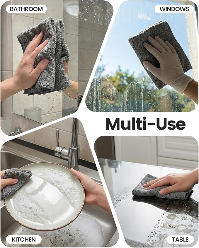 POPCHOSE Microfiber Cleaning Cloth, 12 Pack Super Absorbent Towels for Cars | Lint Free, Streak Free, Soft Towels for Car Detailing, Household, Kitchen, Bath Room, Glass & Tools, Grey