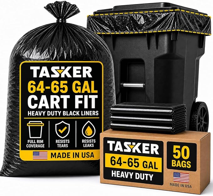 Tasker 65 Gallon Trash Bags Heavy Duty | 50 Count with Ties | Extra Large 64 Gallon Trash Bags for Toter | Garbage Bag 65 Gallon Trash Can Liners