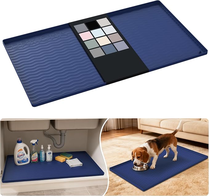 URMONA Waterproof Silicone Under Sink Mat 34'' x 19'' Shelf Liner for Kitchen and Bathroom, Cabinet and Counter Protector, Storage and Organizers, Litter Mat, Pet Cat Puppy Essentials(Navy)