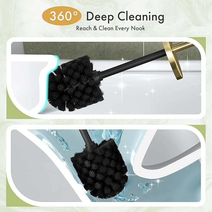 Toilet Bowl Brush and Holder Set 2 Pack with 4 Extra Brush Heads (Gold) | Extra Long Handle with Splash Guard Cover, Tool-Free Installation, Bathroom Space-Saving, Cleaner Sets for Apartments, RV