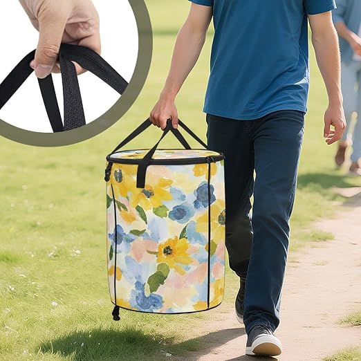 Yellow Floral Collapsible Trash Can 24 Gallon Pop-Up Outdoor Garbage Can with Handles Waterproof Lightweight Storage Bag with Lids for Laundry Toy Room Garden Patio Camping