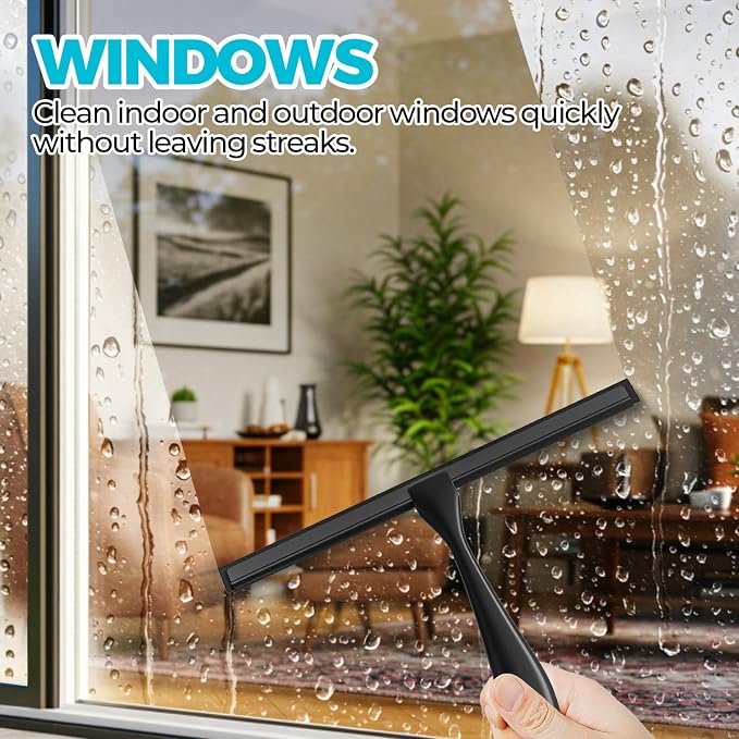 Shower Squeegee for Glass Doors, Tile Walls, Mirrors and Windshields | 9.5" Black, Bathroom Accessories, Window Cleaner, New Home Essentials, Silicone Blade, Metal Handle, Adhesive Hook
