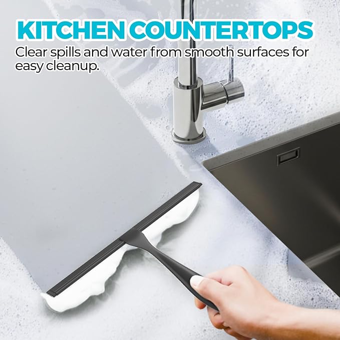 Shower Squeegee for Glass Doors, Tile Walls, Mirrors and Windshields | 10" Black, Bathroom Accessories, Window Cleaner, New Home Essentials, Silicone Blade, Metal Handle, Adhesive Hook