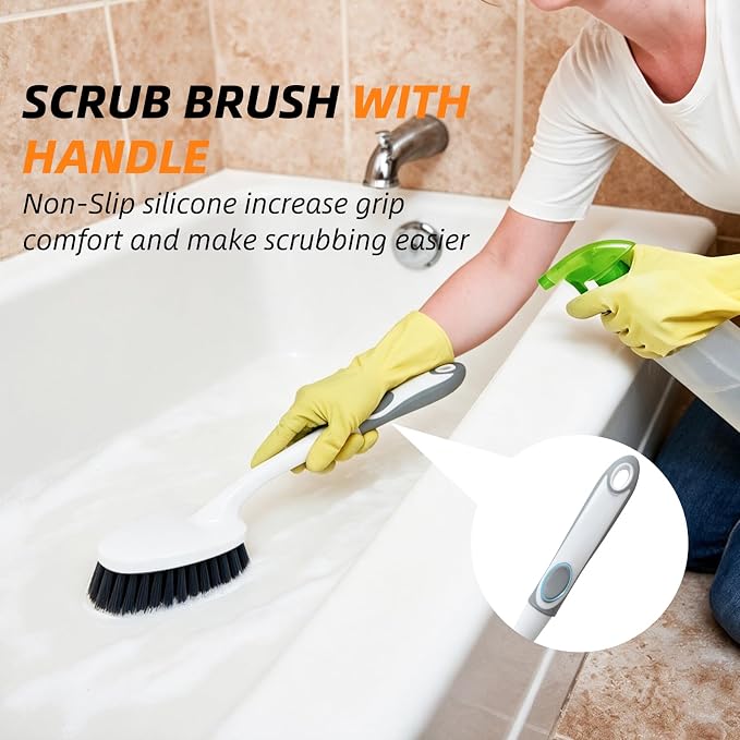 3 Pack Shower Cleaning Brush Set with Grout Cleaning Brush and Squeegee | Stiff Bristles, Ergonomic Handle, Heavy Duty Scrub Brush for Cleaning Bathroom, Shower, Bathtub, Floor, Grout, Tile, Sink