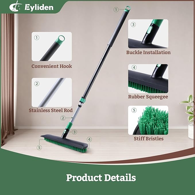 Eyliden Scrub Brush with Squeegee, Floor Deck Tile Bath Cleaning Scrubber | 15-inch Wide, 45° Angle 2-in-1 Stiff Bristles & Rubber Head, 55" Telescoping Long Handle, for Shower Kitchen Patio Garage