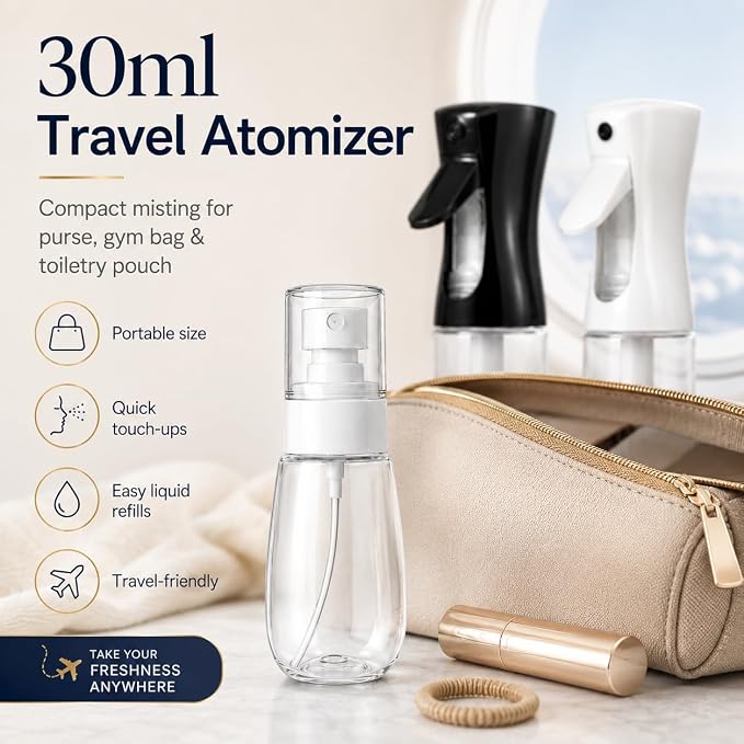 3 Pack Spray Bottles, Continuous Mist Sprayer, Water Spray Bottle for Hair, Hair Mister, 200ml x2 + 30ml Refillable Fine Mist Set - for Styling, Plants, Cleaning & Home Use (Black & White)