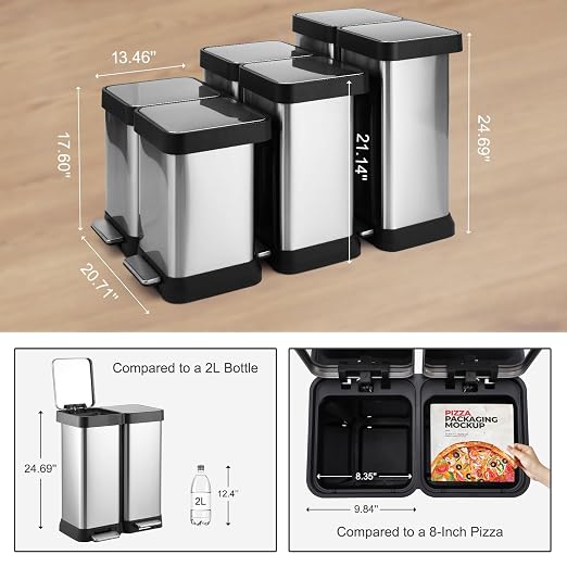 16 Gallon Dual Trash and Recycling Bin, 60L(2x30L) Fingerprint Proof Stainless Steel Kitchen Garbage Can with Double Lid, Hands-Free Step Rubbish Bin without Inner Bucket for Kitchen Home Office