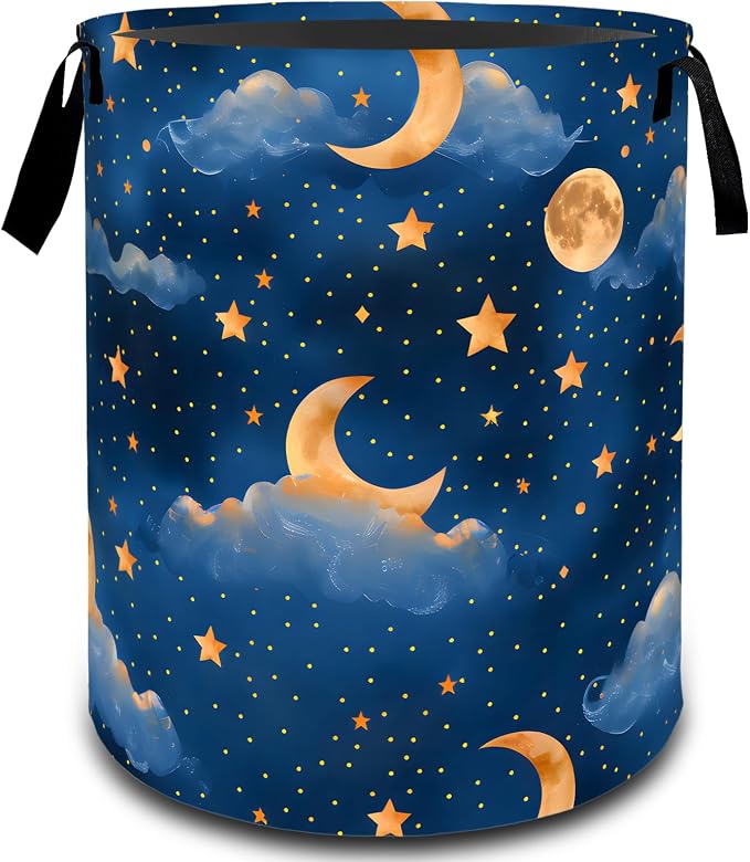 Moon and Star Night Sky Laundry Basket, Dirty Collapsible Clothes Toy Organizer Hamper for Kids Adults, Oxford Cloth Waterproof Storage Bin for Bedroom Bathroom Home Decor Gifts, 19.7"X15.7"
