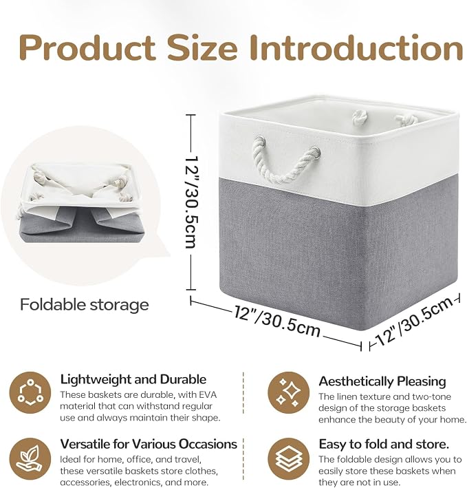 12x12 Inch Foldable Fabric Cube Storage Bins with Handles 4 Pack | Sturdy Metal Strand, Cardboard Support Molding, Storage Basket, Cube Storage Bin for Shelves, Closet, Bedroom, White/Gray