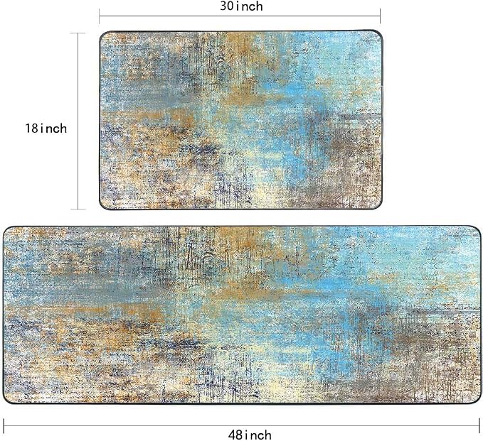 TOMWISH Kitchen Rugs Brown and Blue Set of 2 Floor Comfort Mats Non Slip | Washable Kitchen Sink Area Rug Farmhouse Kitchen Floor Mats for in Front of Sink Kitchen Décor Laundry 18"X48"+18"X30"