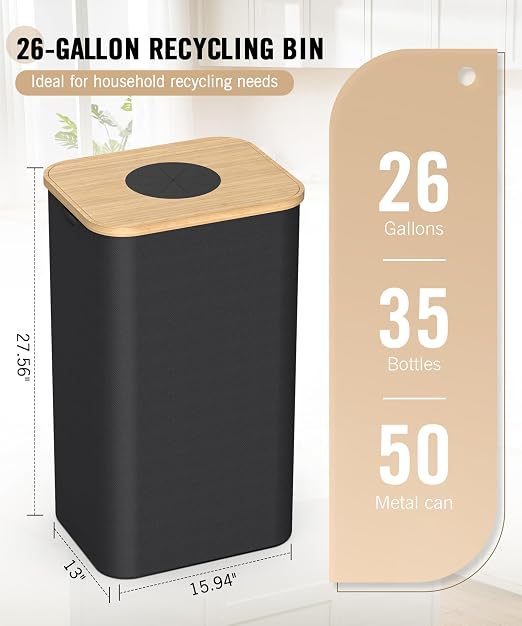 26 Gallon (100L) Recycling Bins for Kitchen with Bamboo lid, Black | with 2pcs Removeable and Reusable Inner Bags, Oxford Fabric, Recycle Trash Bin for Indoor Bottle Can Glass Plastice