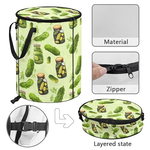 BIGCARJOB Pickled Cucumber Portable Trash Can Large Folding Big Trash Can with Lid Storage Bag Pop Up Trash Cans for Parties, 22.83x17.71 in