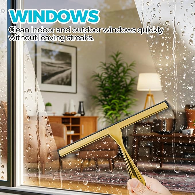 12" Shower Squeegee for Glass Doors, Tile Walls, Car Windows, Gold | Bathroom Accessories, New Home Essentials, Silicone Blade, Metal Handle, Adhesive Hook, Household Tool, Multipurpose Cleaner