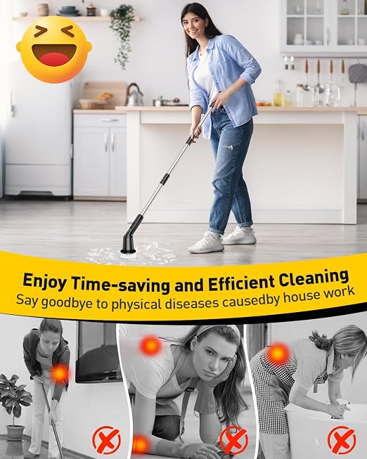Electric Spin Scrubber for Bathroom, Shower Scrubber with Long Handle | Shower Cleaner Brushes, IPX7 Waterproof & 2 Speed, 3 Brush Heads, 90min Runtime, Bathroom Cleaning Supplies for Toilet Tub