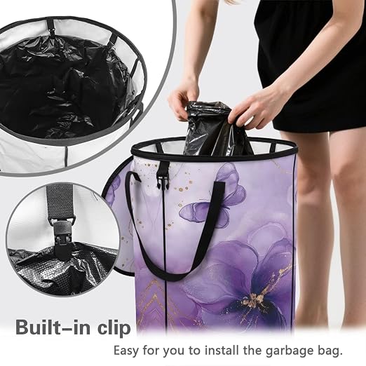 doginthehole Purple Flowers Collapsible Trash Can with Lid Aesthetic Marble Texture Trash Can Waterproof Portable 23 Gallon Waste Bin for Camping, Beach, Picnic, Patio Home Outdoor Decor