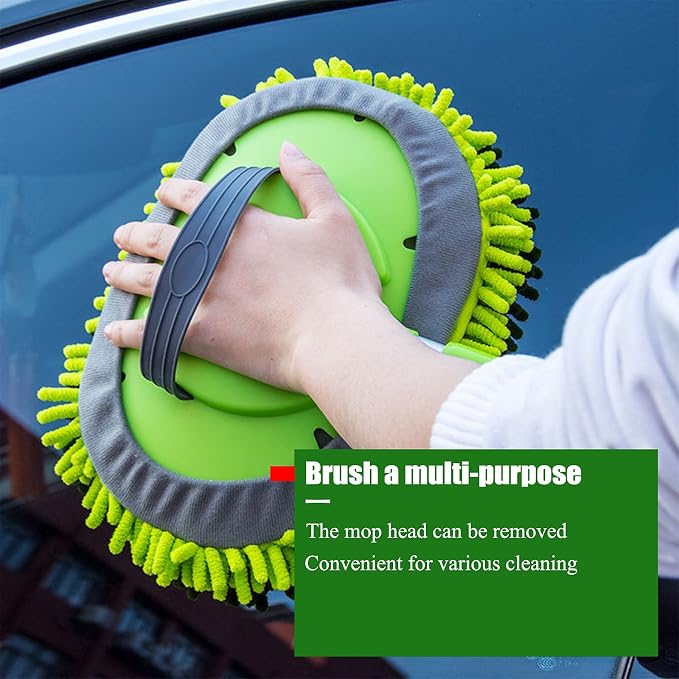 LumiMokki 62-Inch Car Wash Mop Kit with Long Handle Brush for Cars Trucks | Stainless steel pole, 2-in-1 mop-to-mitt, 8-piece kit, adjustable 18-62in, for RVs SUVs buses, scratch-free, green
