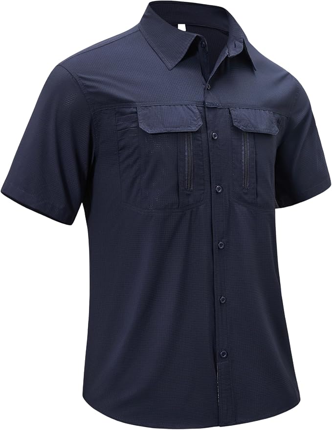 Mens Short Sleeve Fishing Shirt Sun Protection Quick Dry Lightweight | Breathable Fabric, Multi Pockets, for Fishing Safari Hiking Hunting Camping Outdoor Work Casual Wear