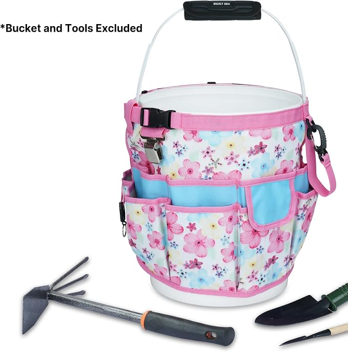 MELOTOUGH Bucket Caddy Organizer Bucket Tool Organizer for Garden Tools Fit 3.5 to 5 Gallon Bucket (Pink Flower)