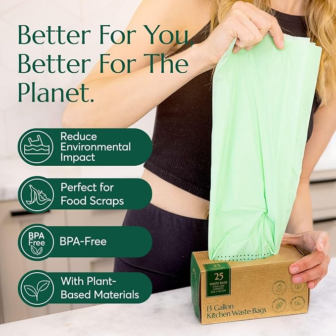 Cleanomic Compostable* 13 Gallon Waste Bags with Drawstring (2 Pack, 50 Count), BPI Certified For Kitchen Compost
