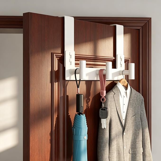 PMMASTO Door Hanger for 1-3/4 Inch Doors, White- 3 Hooks, T Shape | Stainless Steel Door Hooks Organize Coats Towels Robes in Bathrooms Bedrooms Closets