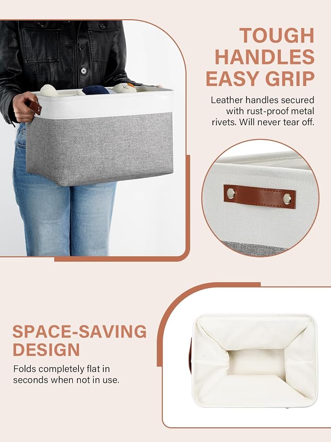DULLEMELO Storage Baskets for Organizing, Rectangular Fabric Storage Bins Collapsible, Perfect for Shelves, Closets, Empty Gift Baskets (3-Pack Medium-15 inch X 11 inch X 9.5 inch , White&Grey)