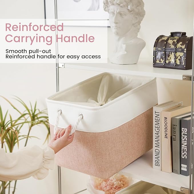 16x12x12 In Foldable Fabric Large Storage Bins with Handle 1 Pack | Storage Basket with Draw String Top, Sturdy Metal Strand, Cardboard Support Molding, for Shelf, Closet, Bedroom, White/Pink