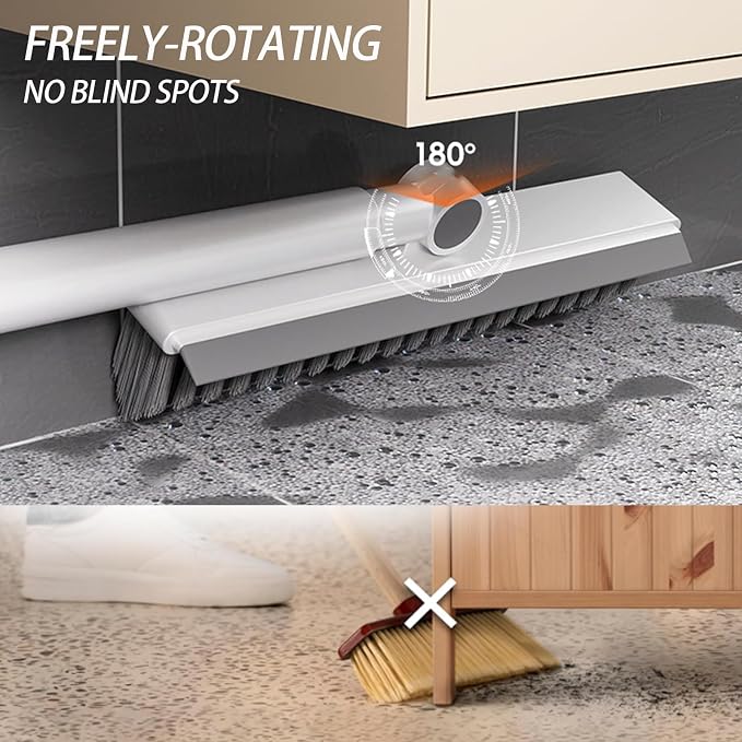 3 in 1 Floor Scrub Brush with Squeegee,27.6–57” Adjustable Thickened Stainless Steel Long Handle,180° Rotatable V-Shape Stiff Grout Brush for Bathroom Tile,Patio,Garage,Swimming Pool,Deck Wall Clean