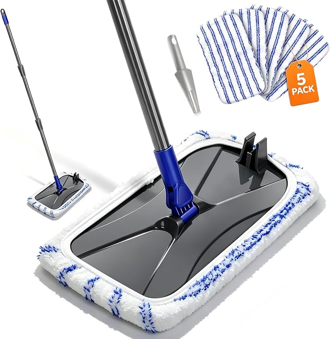 Microfiber Mops for Floor Cleaning,Hardwood Floor Mop with 5 Reusable Pads | Extra Large Industrial Mop,Floor Commercial Mop for Wet & Dry Use, Flat Mops for Hardwood, Vinyl, Laminate, Tile Floors