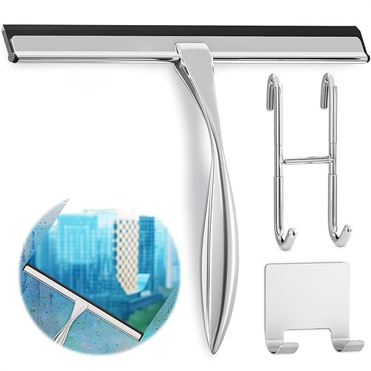 Stainless Steel Shower Squeegee, Glass, Silicone, 14 Inch (Silver) | Shower Door Squeegee with Silicone Blade, Adhesive & Hanging Hooks for Mirror, Tile, Window, Car, Multi-Surface Everyday Use
