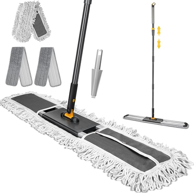 36” Commercial Dust Mop with 62” Adjustable Handle & 3 Reusable Pads | Large Heavy Duty Industrial Push Mops for Home,Hotel,Mall,Warehouse