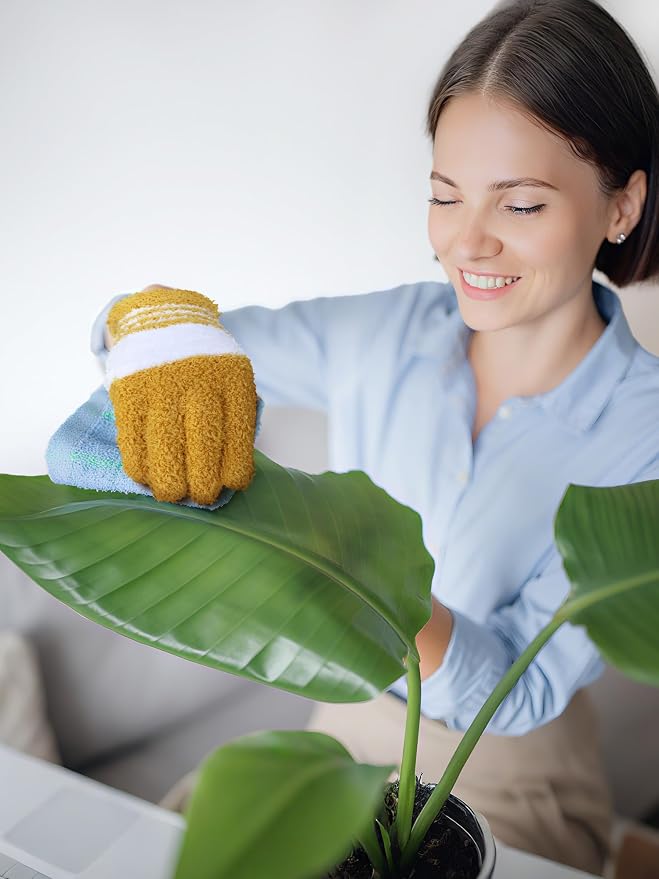 Patelai 3 Pairs Microfiber Dusting Gloves for Plants Leaf, Small | Dark Blue, Gray, Khaki, White,Plant Cleaning Gloves, Reusable Washable Gloves,House Furniture Blinds Dusting