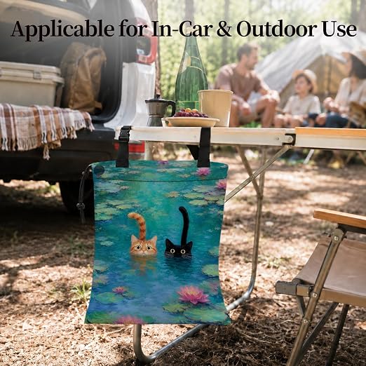 Whimsical Lotus Pond Cat Car Garbage Bag Canvas Trash Can | Orange Black Cat Lovers Gifts Drawstring Car Trash Bag Hanging for Back Seat with Adjustable Buckle
