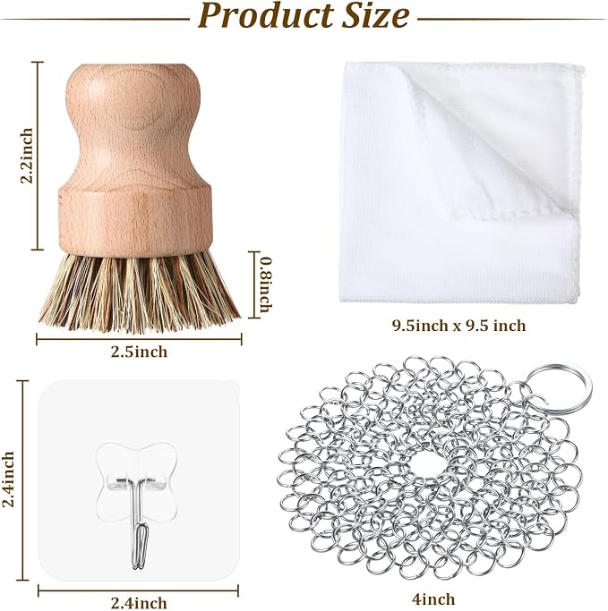 Patelai Cast Iron Cleaning Kit, Chainmail Scrubber Brush,Classic Color | Cast Iron Accessories with 2 Grill Scrapers, Handle Holder, Dish Cloth, Wall Hook for Cast Iron Pan Skillet Camping Kitchen