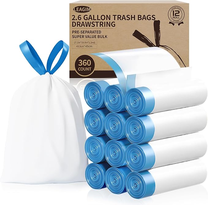 Small Trash Bags 2.6 Gallon, 360 Count -1.2 Mil Drawstring Mini Garbage Bags, Plastic White Trash Can Liners for Bathroom Accessories, 10 Liter, Bedroom, Dorm Room Essentials, Office