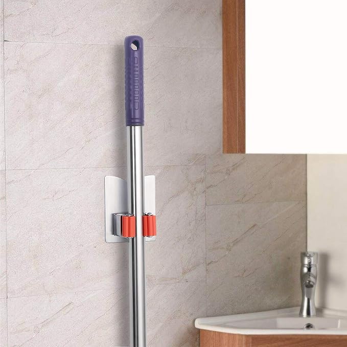 Broom Holder Wall Mount, 2 Pack Orange Stainless Steel Mop and Broom Organizer, Heavy Duty 15 Lbs Self Adhesive Tool Hanger, No Drill V-Shape Broom Hooks for Garage, Kitchen, Bathroom